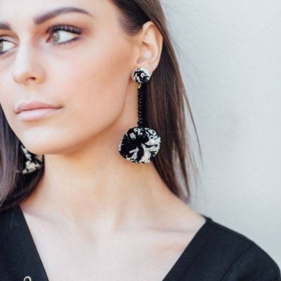 Anthropologie Jewelry - NWOT Raffia Drop Pom Black White Earrings